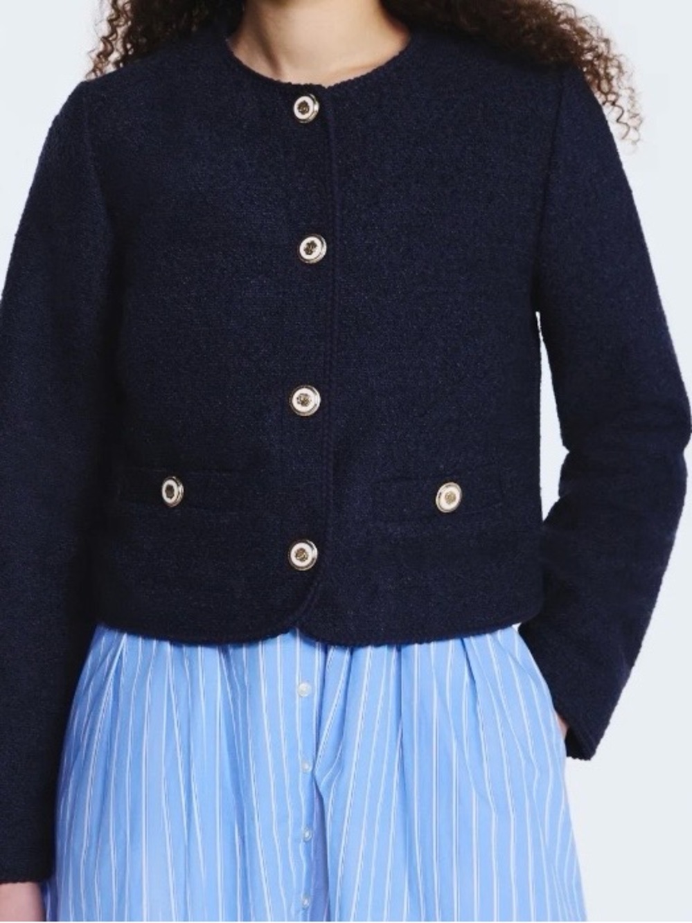 Free Assembly Cropped Bouclé Jacket Collarless Nubby Long Sleeves XXL (20) blue